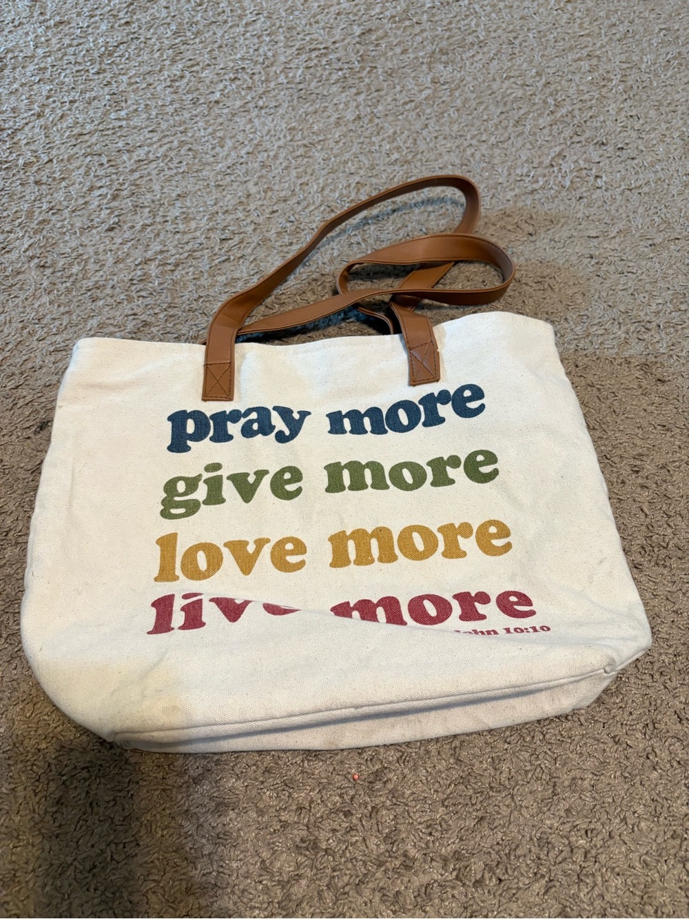 Canvas Tote Bag with Brown Handles - 'Pray More Give More Love More'